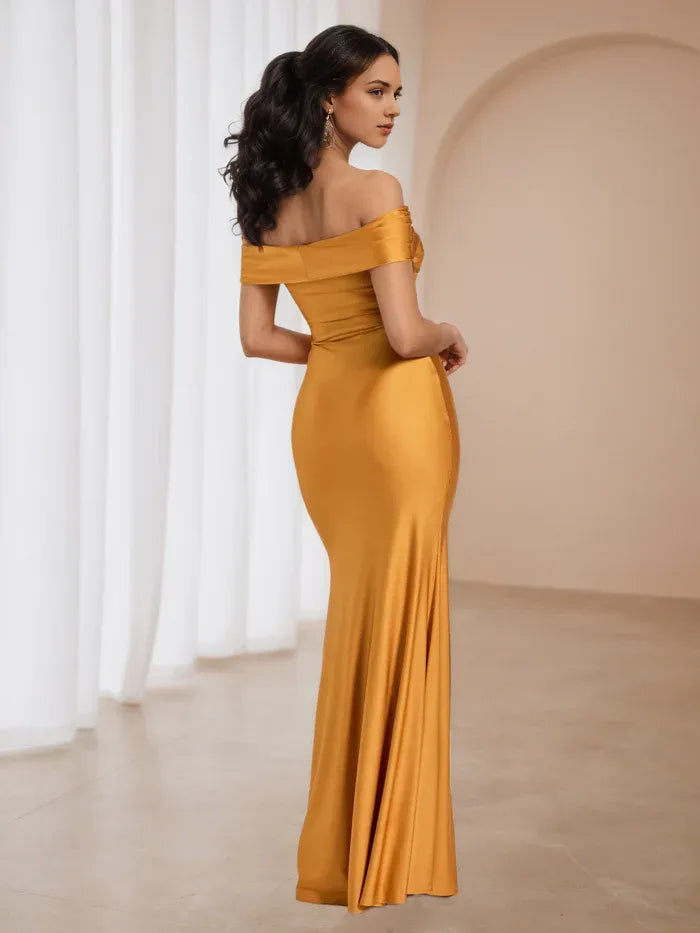 Chic Mustard Satin Prom Dress Off - Shoulder Necklin Bow Detail Luxe Fabric