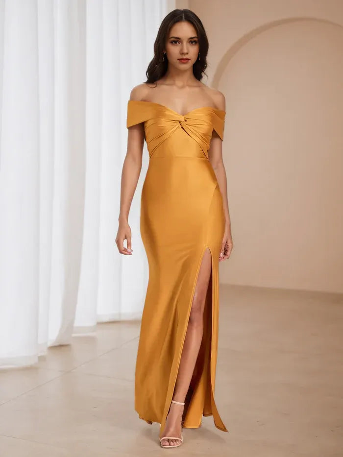 Chic Mustard Satin Prom Dress Off - Shoulder Necklin Bow Detail Luxe Fabric