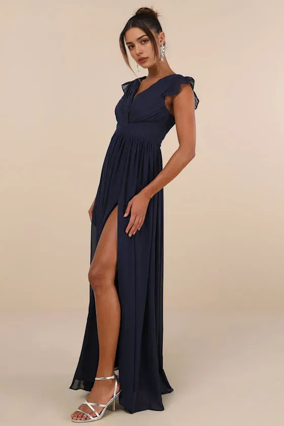 Chic Navy Blue Chiffon Evening Dress with Ruffled Sleeves Deep V - Neck Subtle Slit Ideal for Understated Luxury Events