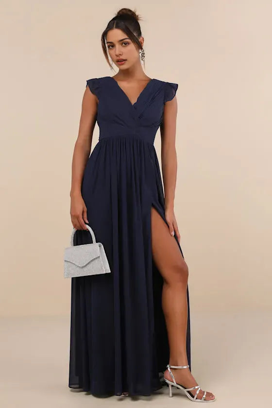 Chic Navy Blue Chiffon Evening Dress with Ruffled Sleeves Deep V - Neck Subtle Slit Ideal for Understated Luxury Events