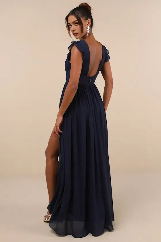 Chic Navy Blue Chiffon Evening Dress with Ruffled Sleeves Deep V - Neck Subtle Slit Ideal for Understated Luxury Events