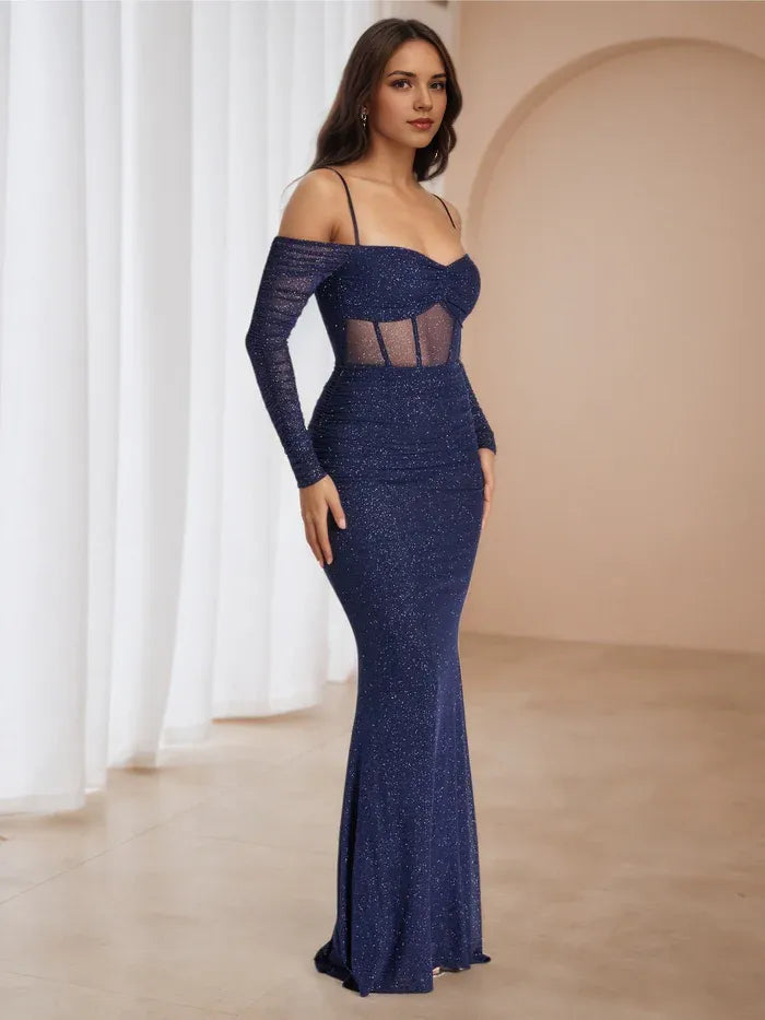 Chic Navy Blue Glitter Prom Dress Off - Shoulder Sheer Panel Mermaid Fit