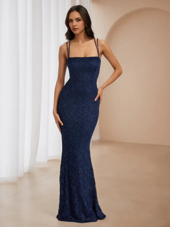 Chic Navy Blue Glitter Prom Dress Square Neckline Double Spaghetti Straps  Lace Silhouette for Glamorous Galas