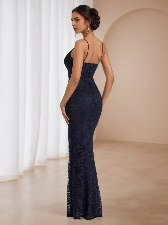 Chic Navy Blue Lace Prom Dress Cowl Neckline Spaghetti Straps Intricate Lace for Glamorous Galas