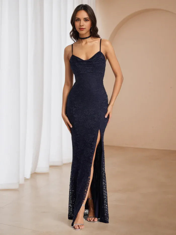 Chic Navy Blue Lace Prom Dress Cowl Neckline Spaghetti Straps Intricate Lace for Glamorous Galas
