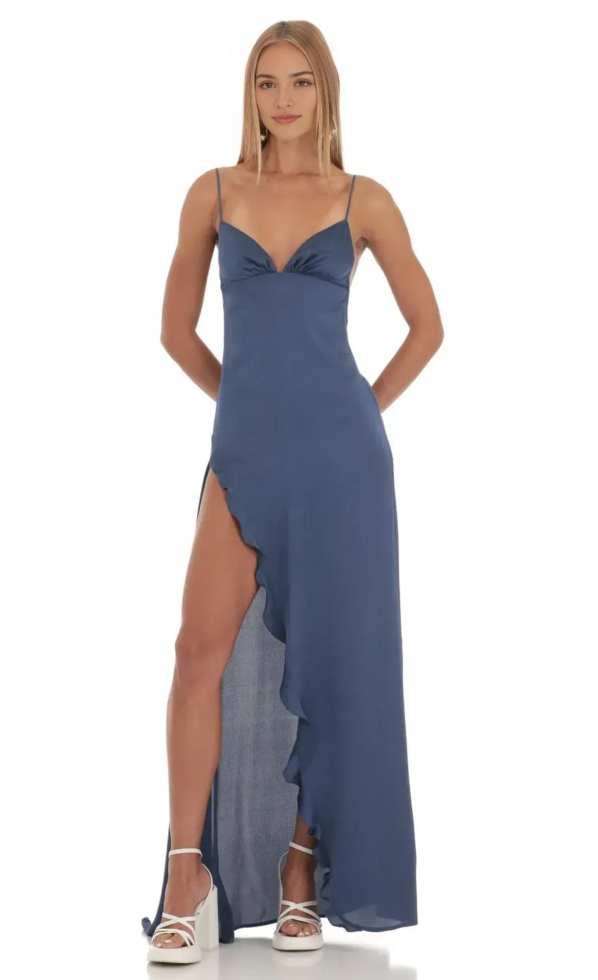 Chic Navy Blue Prom Dress with Spaghetti Straps Plunging Neckline and Asymmetric Ruffle Detail Stand Out at Your Prom