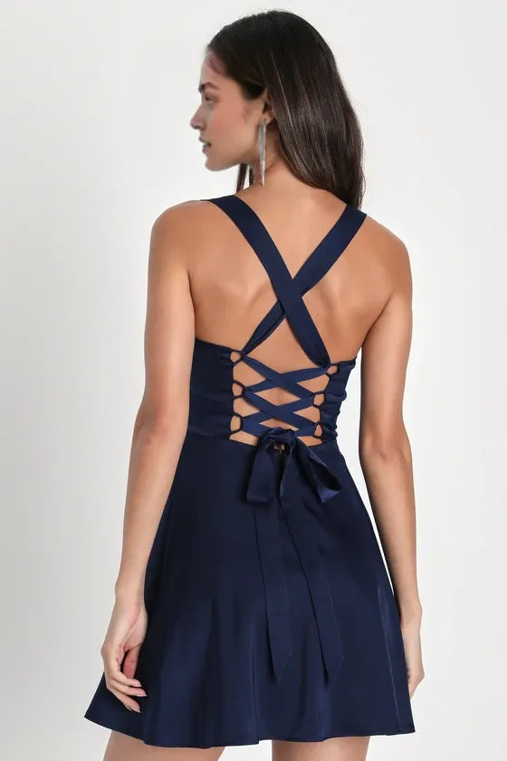 Chic Navy Blue Satin Mini Dress with Square Neck and Wide Straps  Ideal for Memorable Homecoming Moments