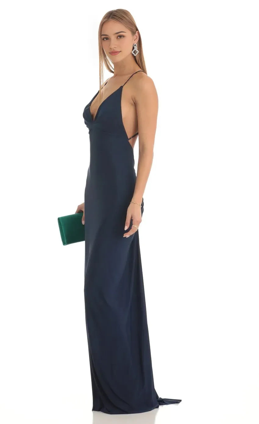Chic Navy Blue Spaghetti - Strap Prom Dress with Plunging V - Neck Bodycon Design  A Stylish Choice for Memorable