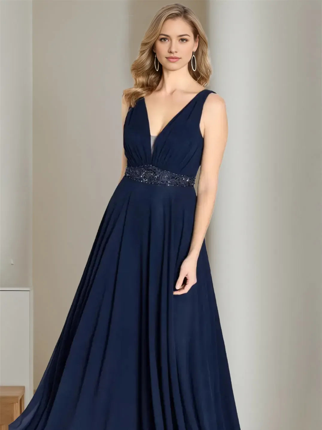 Chic Navy Chiffon Gown Deep V Cape Style Sleeves  Embellished Waist for Mother of the Bride
