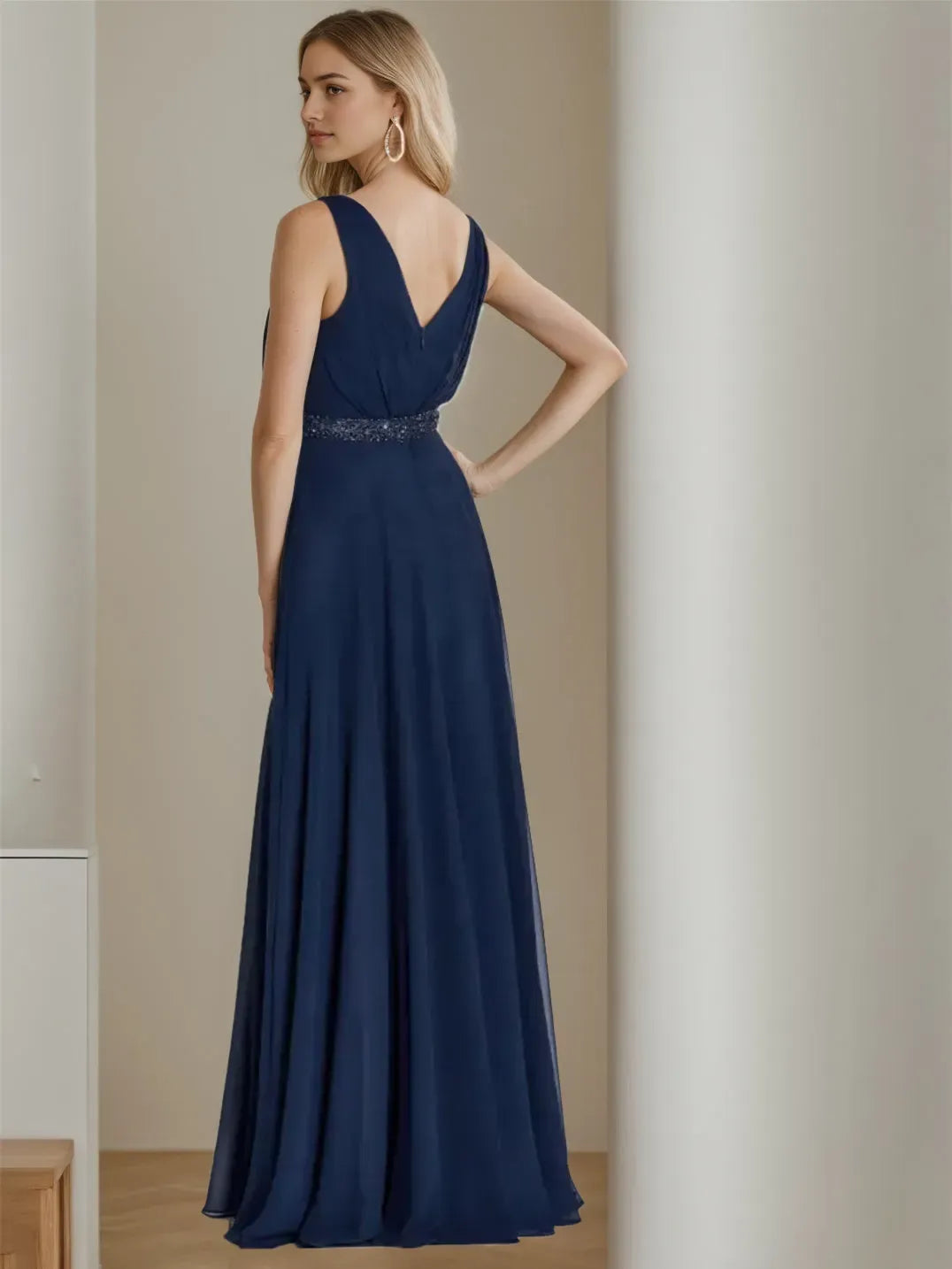 Chic Navy Chiffon Gown Deep V Cape Style Sleeves  Embellished Waist for Mother of the Bride