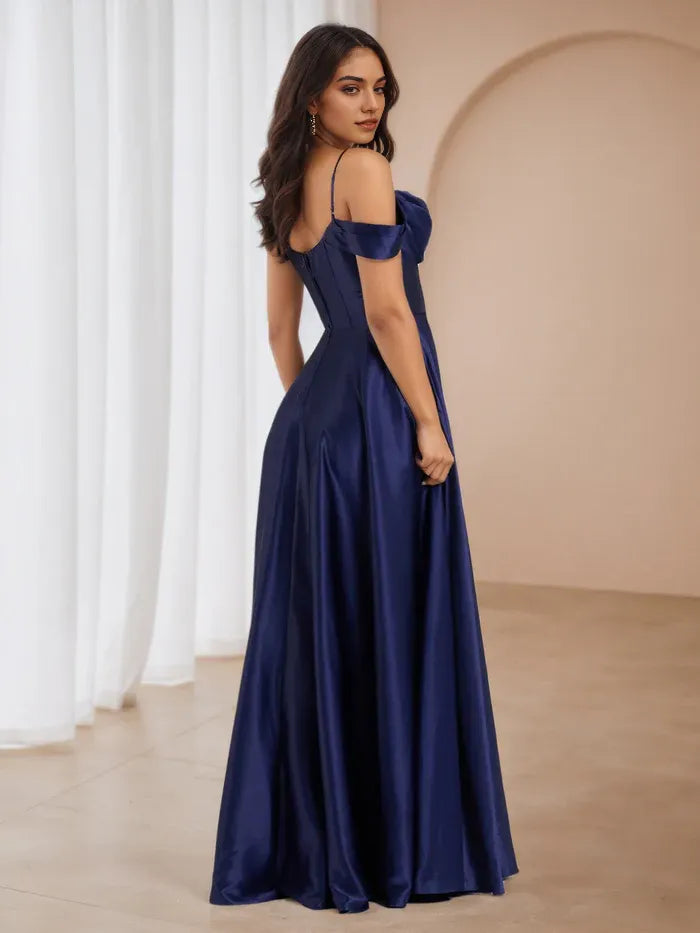 Chic Navy Satin Ball Gown Asymmetric Off  Shoulder Side Slit  Pockets for Glamorous Proms