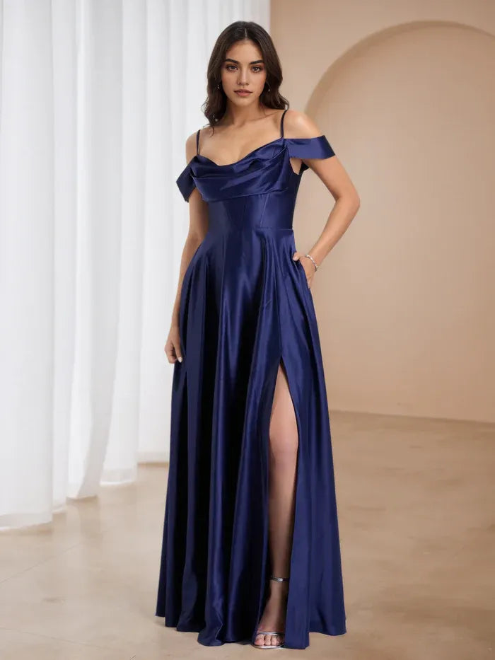 Chic Navy Satin Ball Gown Asymmetric Off  Shoulder Side Slit  Pockets for Glamorous Proms