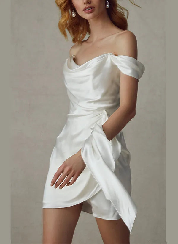 Chic Off - Shoulder Satin Wedding Dress Draped Detail Asymmetric Hem Flowy Sash