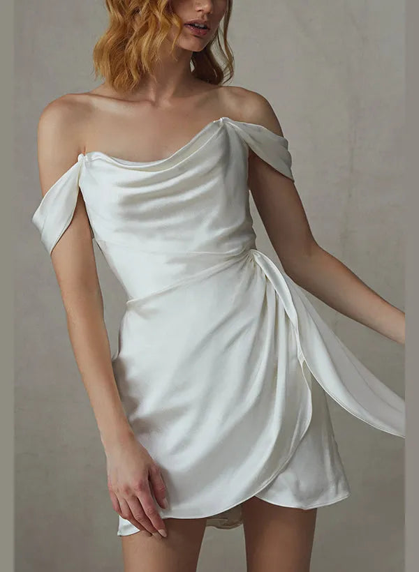 Chic Off - Shoulder Satin Wedding Dress Draped Detail Asymmetric Hem Flowy Sash