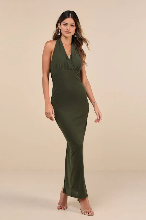 Chic Olive Green Jersey Prom Dress Halter Neckline Surplice V Front Figure  Hugging Fit and Floor Length Silhouette for a Stunning Look