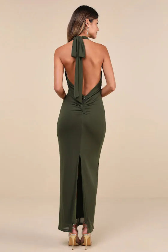 Chic Olive Green Jersey Prom Dress Halter Neckline Surplice V Front Figure  Hugging Fit and Floor Length Silhouette for a Stunning Look