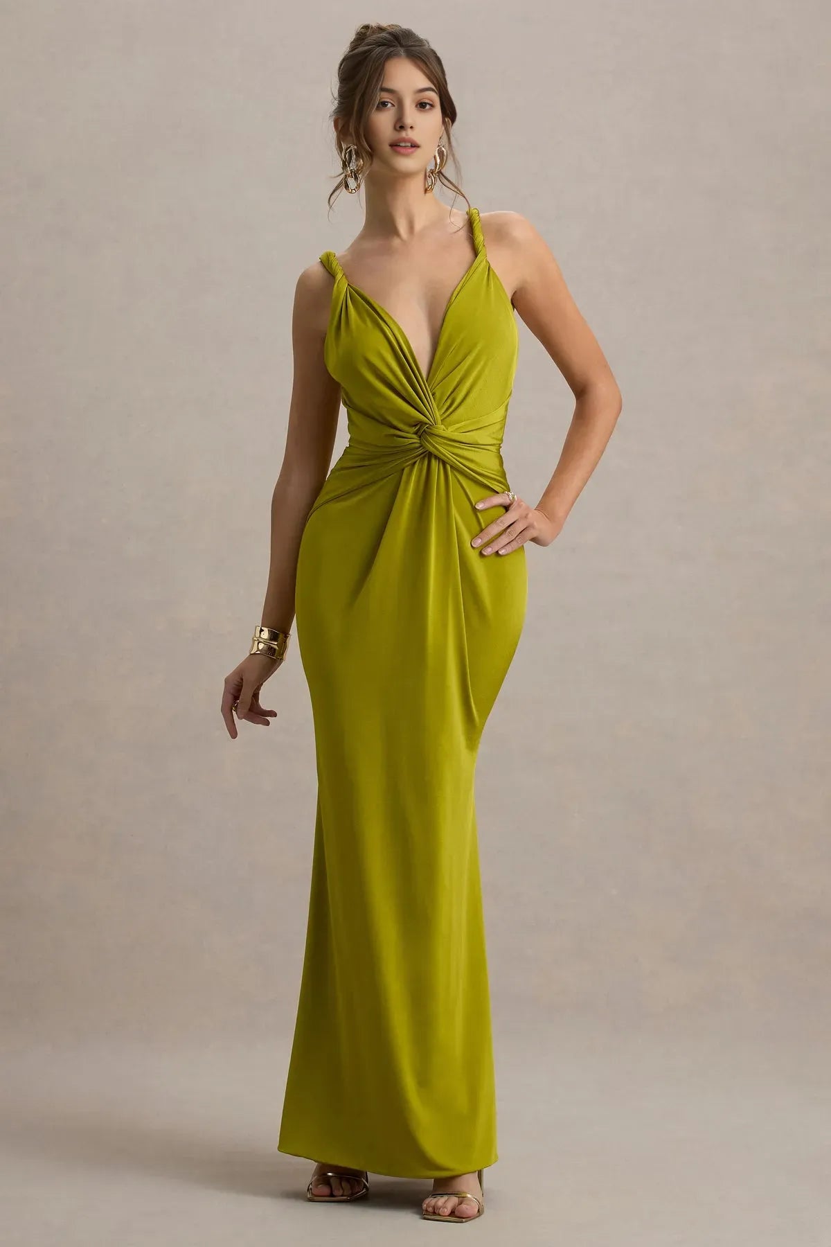 Chic Olive Green Twist - Front Prom Dress with Spaghetti Straps and Mermaid Silhouette for Glamorous Evenings