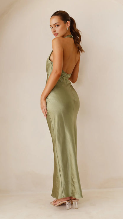 Chic Olive Satin Prom Gown Halter Style Plunge Front Bodycon Maxi Design Perfect for Prom Nights