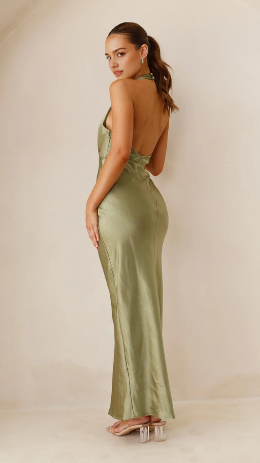Chic Olive Satin Prom Gown Halter Style Plunge Front Bodycon Maxi Design Perfect for Prom Nights