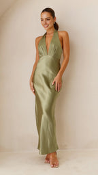 Chic Olive Satin Prom Gown Halter Style Plunge Front Bodycon Maxi Design Perfect for Prom Nights