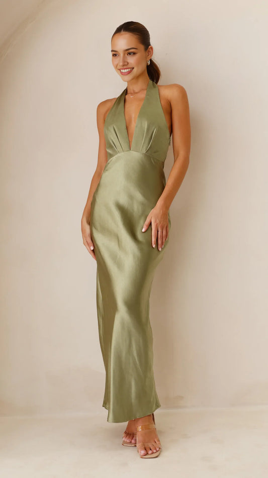 Chic Olive Satin Prom Gown Halter Style Plunge Front Bodycon Maxi Design Perfect for Prom Nights