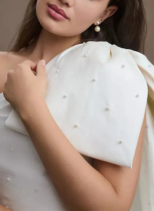 Chic One  Shoulder Wedding Dress with Pearl Embellishments and Asymmetric Hem for Modern Brides