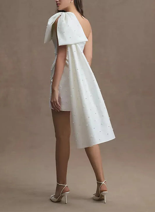 Chic One  Shoulder Wedding Dress with Pearl Embellishments and Asymmetric Hem for Modern Brides