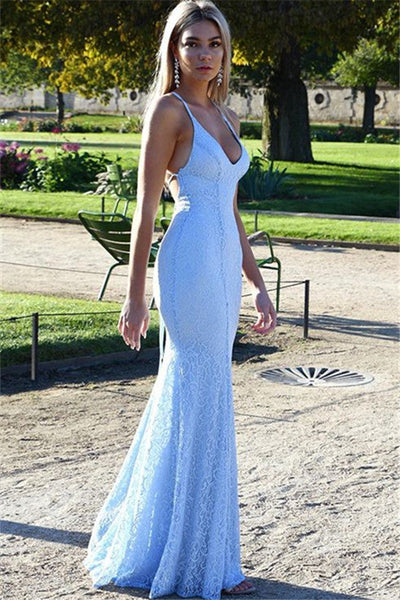 Chic Open Back Lace Evening Dress Mermaid Spaghetti Straps Baby Blue Evening Dress