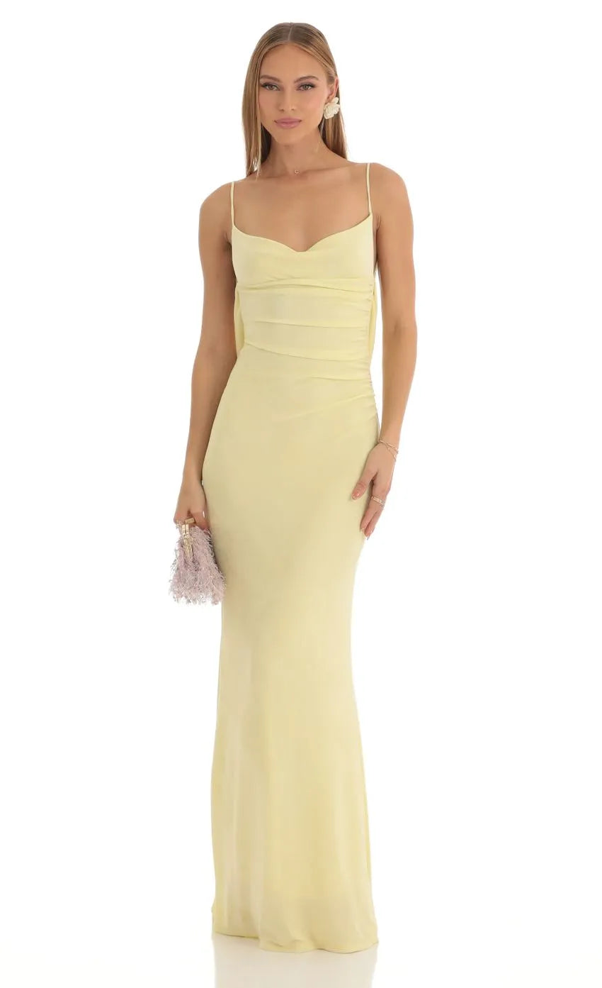 Chic Pale Yellow Prom Dress with Draped Neckline Ruched Detailing Mermaid Skirt A Must - Have for Sophisticated Proms
