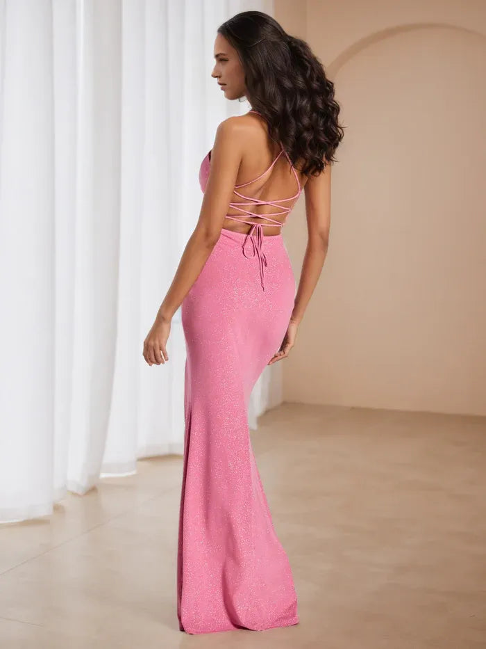 Chic Pink Glitter Prom Dress Deep V - Neck Spaghetti Straps Side Slit for Memorable Galas