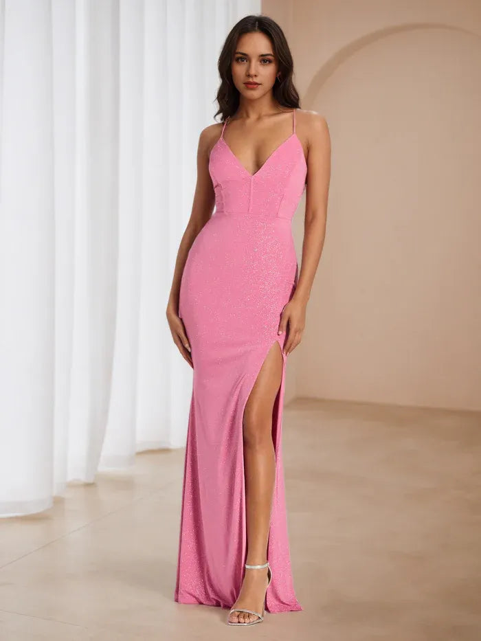 Chic Pink Glitter Prom Dress Deep V - Neck Spaghetti Straps Side Slit for Memorable Galas