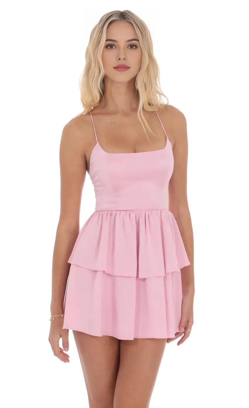 Chic Pink Spaghetti Strap Dress for Homecoming Dresses Neck Tiered Skirt Feminine Silhouette Designed to Elevate Your Style at Campus Dances