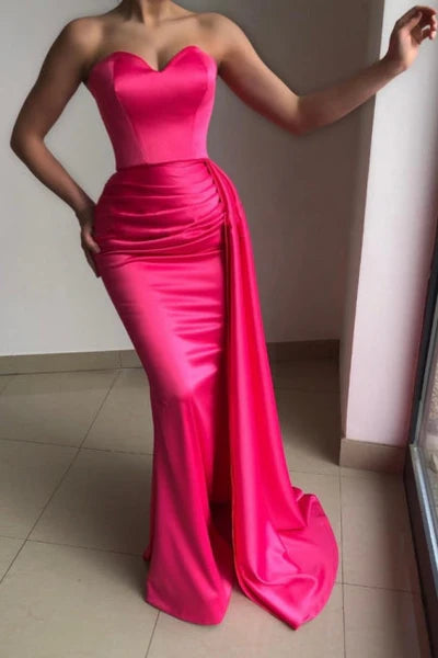 Chic Pink Strapless Sleeveless Mermaid  Woven Satin Evening Dresses With Ruffles