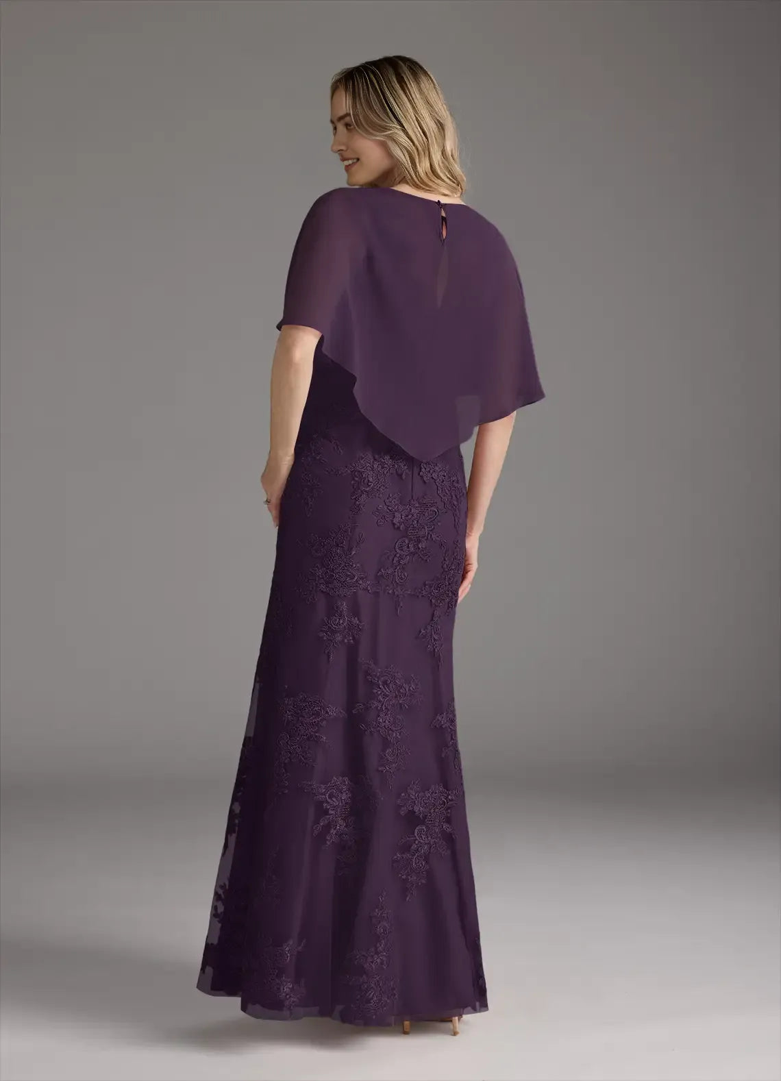 Chic Purple Mother of the Bride Dresess Cape Overlay Sleeves Beaded Neckline Intricate Lace Detailing Mermaid Silhouette