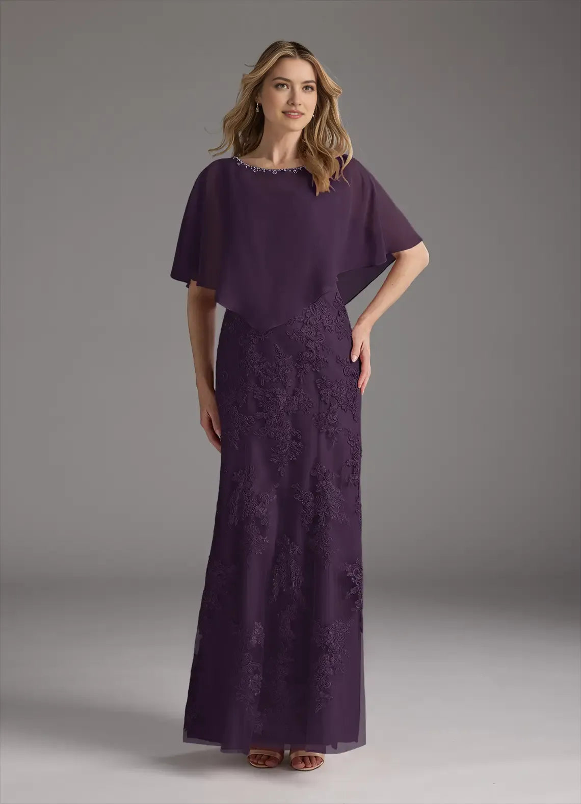 Chic Purple Mother of the Bride Dresess Cape Overlay Sleeves Beaded Neckline Intricate Lace Detailing Mermaid Silhouette