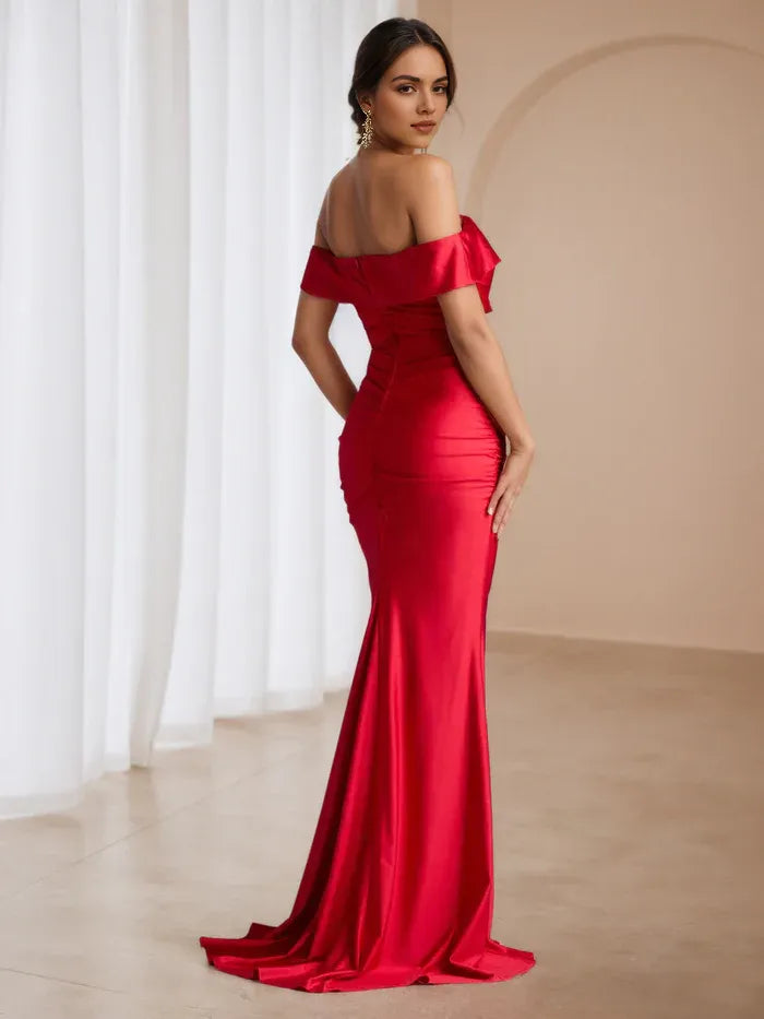 Chic Red Off Shoulder Satin Prom Gown Ruched Design Side Slit Perfect for Glamorous Events