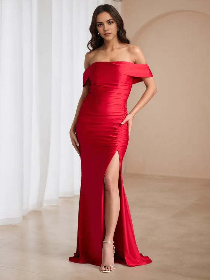 Chic Red Off Shoulder Satin Prom Gown Ruched Design Side Slit Perfect for Glamorous Events