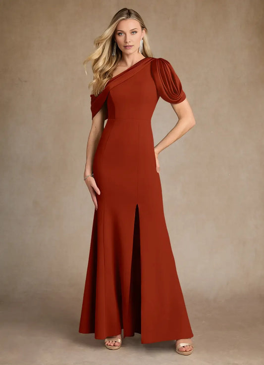 Chic Rust Mermaid Pleated Crepe Colored Mother of the Bride Dress with Asymmetric One - Shoulder Draped Sleeve and High Side Slit