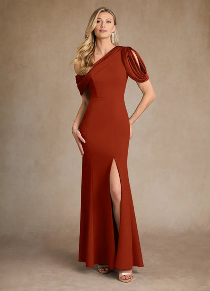 Chic Rust Mermaid Pleated Crepe Colored Mother of the Bride Dress with Asymmetric One - Shoulder Draped Sleeve and High Side Slit
