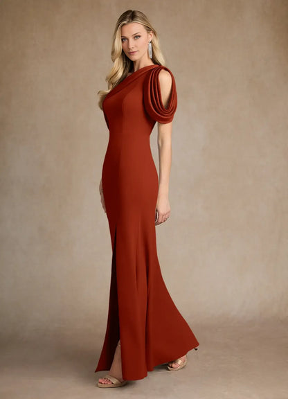 Chic Rust Mermaid Pleated Crepe Colored Mother of the Bride Dress with Asymmetric One - Shoulder Draped Sleeve and High Side Slit
