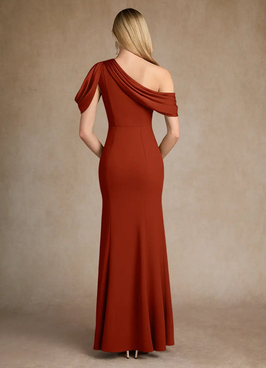 Chic Rust Mermaid Pleated Crepe Colored Mother of the Bride Dress with Asymmetric One - Shoulder Draped Sleeve and High Side Slit