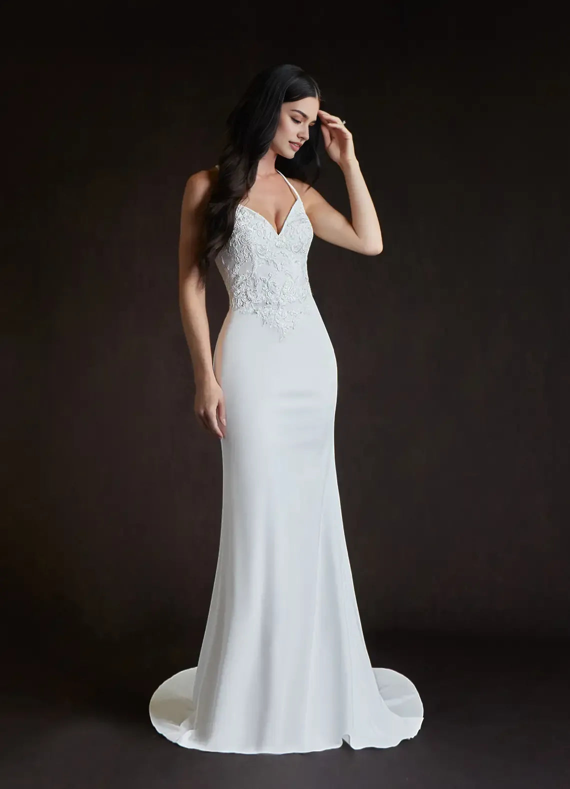Chic Satin Mermaid Wedding Dress Spaghetti Straps Plunging V - Neck Lace Bodice Train Ideal for Fashion