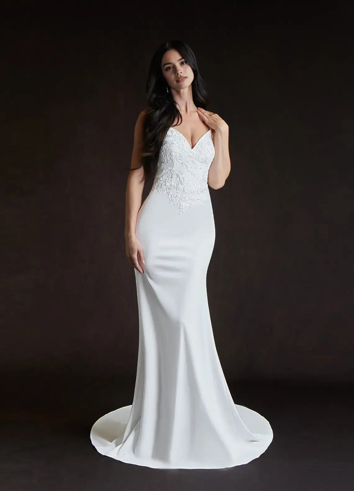 Chic Satin Mermaid Wedding Dress Spaghetti Straps Plunging V - Neck Lace Bodice Train Ideal for Fashion