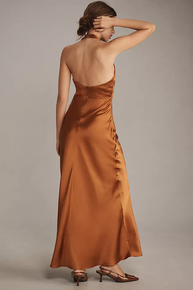 Chic Sheath Deep V Halter Neck Sleeveless Open Back Back Zip Floor-Length Long Prom Dresses