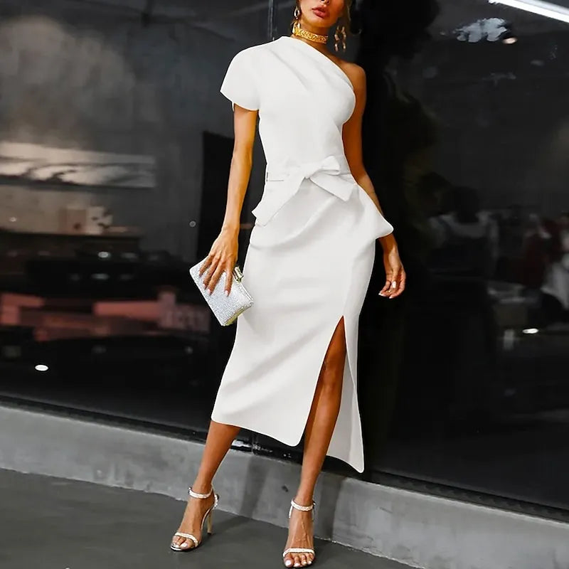 Chic Sheath One-Shoulder Asymmetric Sleeve Belted White Midi Evening Dress For Women Ready To Ship