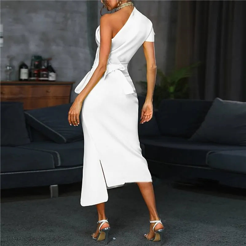 Chic Sheath One-Shoulder Asymmetric Sleeve Belted White Midi Evening Dress For Women Ready To Ship