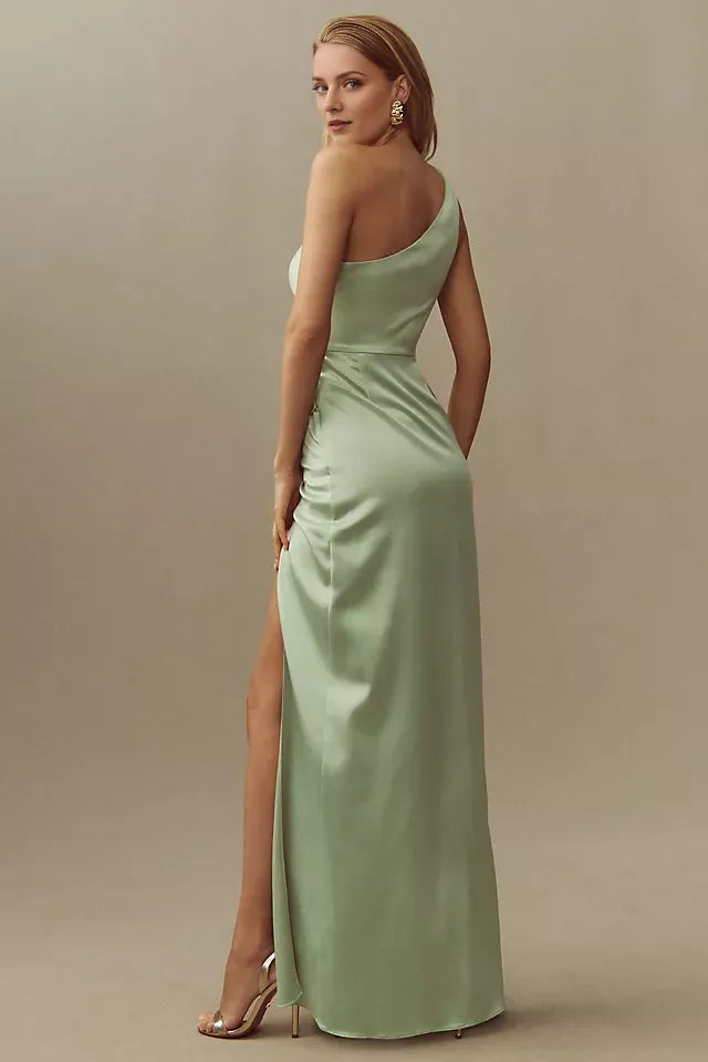 Chic Sheath One-Shoulder Sleeveless Plain Back Floor-Length Side-Slit Satin Prom Dresses
