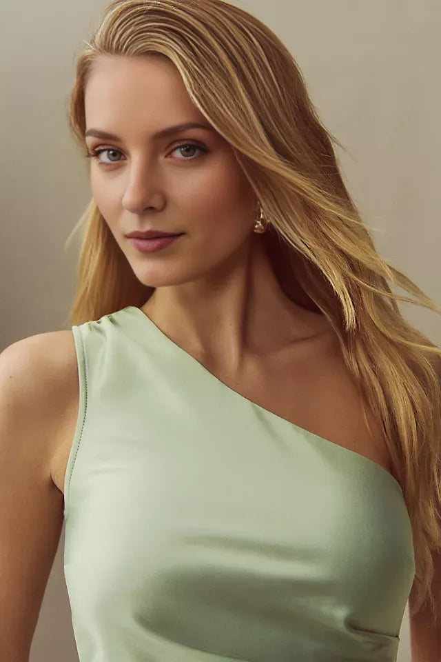 Chic Sheath One-Shoulder Sleeveless Plain Back Floor-Length Side-Slit Satin Prom Dresses