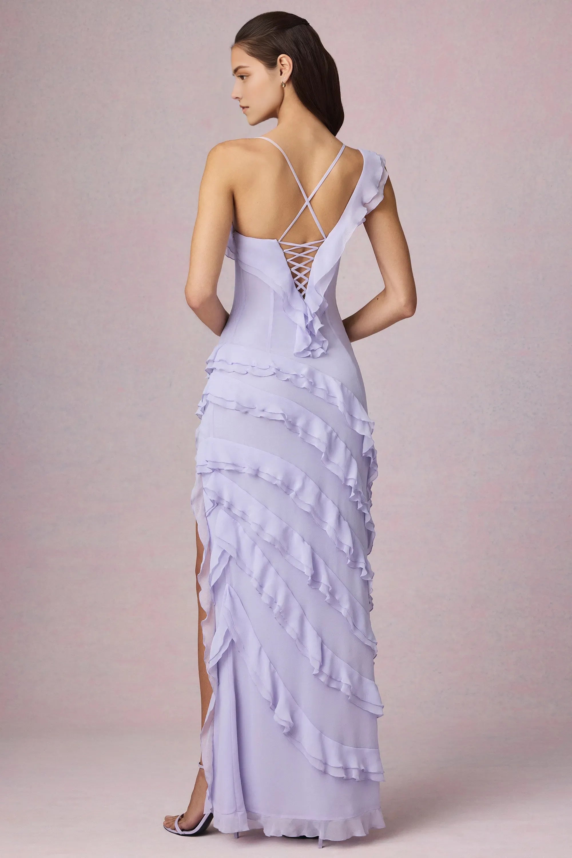 Chic Sheath Square Neck Ruffled Strap Lace Up Back High Slit Floor Length Formal Prom Dresses ﻿