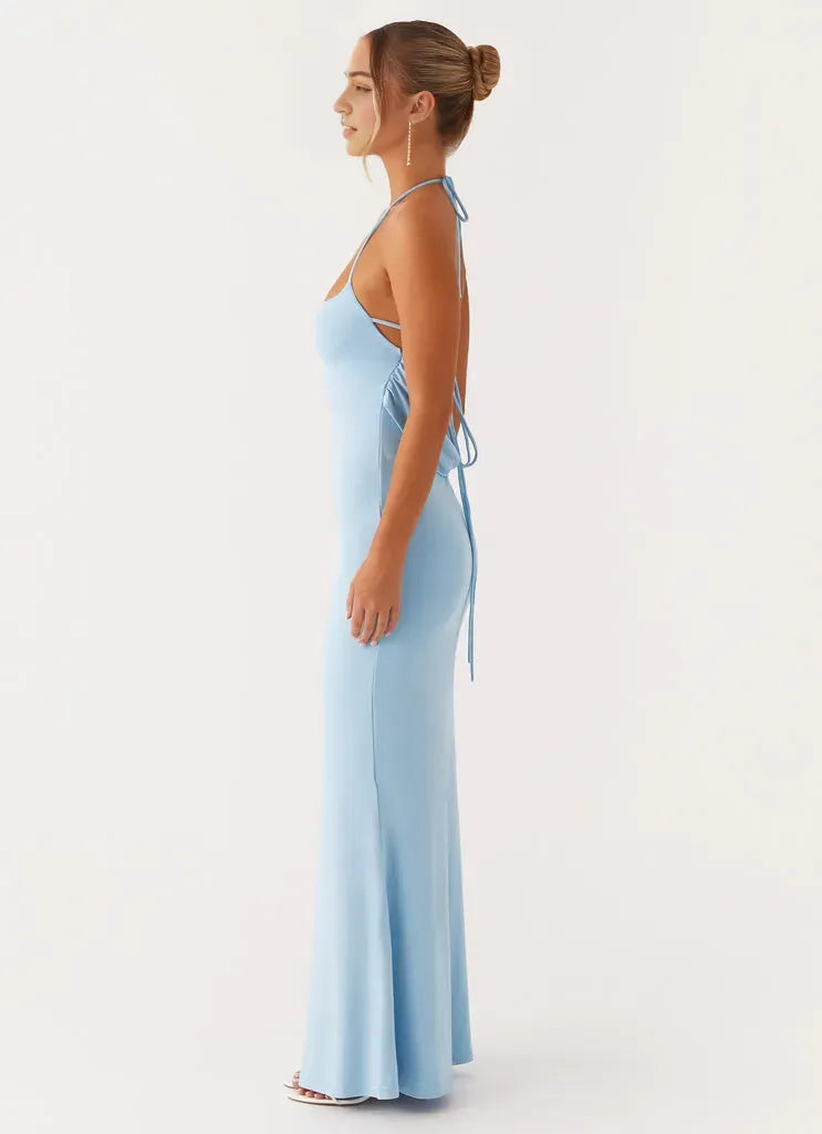Chic Sky Blue Bodycon Prom Dress Halter Neckline Thin Straps Mermaid Fit and Floor-Length Design for a Stunning Look